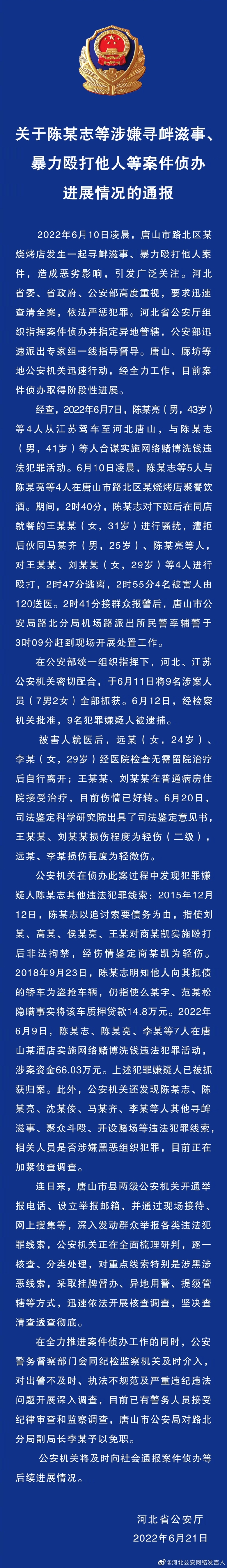 关于陈某志等涉嫌寻衅滋事、暴力殴打他人等案件侦办进展情况的通报