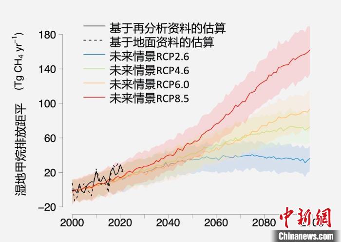 基于观测的湿地甲烷排放变化与未来气候变化情景下估算的对比。　中科院青藏高原所 供图