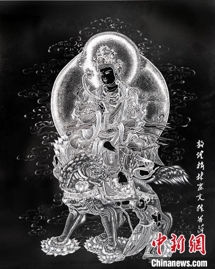 图为朱增平创作的锲金画《敦煌榆林窟文殊菩萨》。(资料图) 受访者供图