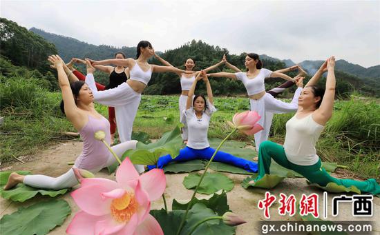 6月29日，瑜伽爱好者来到广西柳州市融安县大良镇古兰村古兰新韵特色农业产业扶贫（核心）示范区荷塘边练习瑜伽。谭凯兴 摄