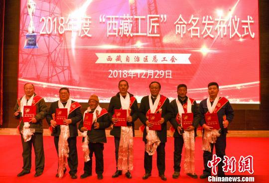 禹代林、蒋良文、平措、罗布斯达、格桑罗布、扎西尼玛、解钊(左至右)7人荣膺2018年度“西藏工匠”称号。　何蓬磊 摄