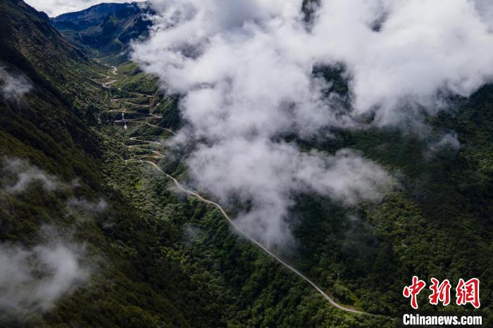 西藏山南勒布沟景区的盘山公路被云雾环绕。　江飞波 摄
