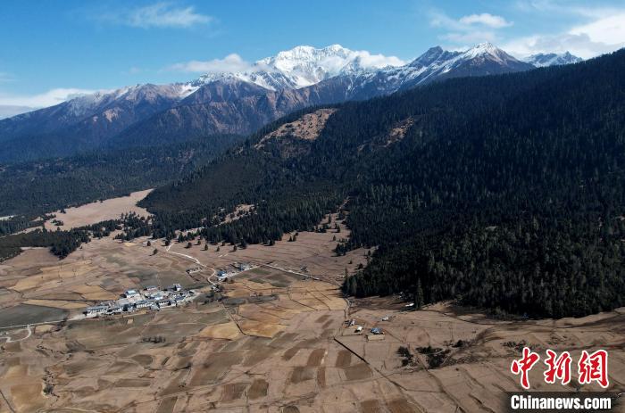 2月17日，西藏林芝鲁朗小镇周边雪山与牧场。(无人机照片) 李林 摄