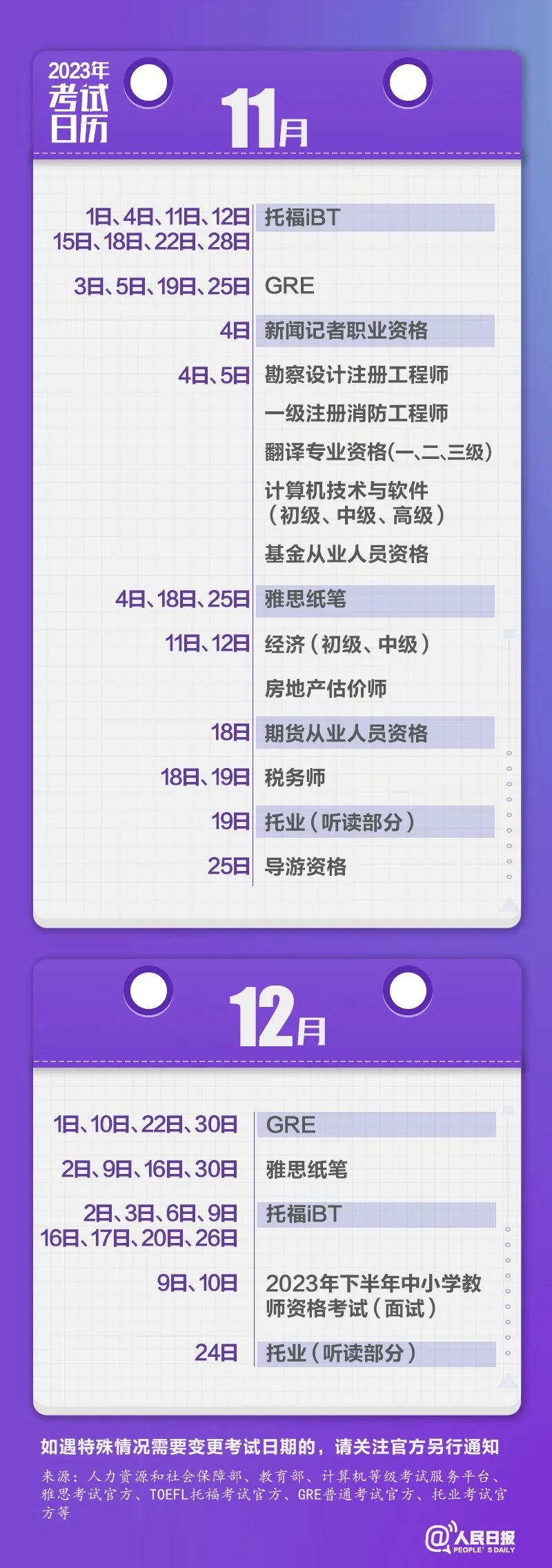 收藏!2023年考试日历来了