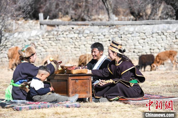 图为林芝米林县丹娘乡桑巴村罗布多杰一家在院内的草地上过林卡。　何蓬磊 摄