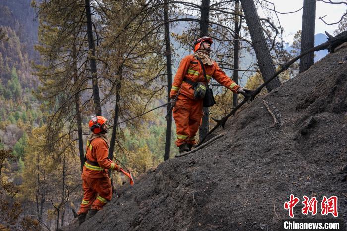 图为那曲大队森林消防指战员在西藏“4.14”林芝森林火灾现场清理烟点。　江飞波 摄