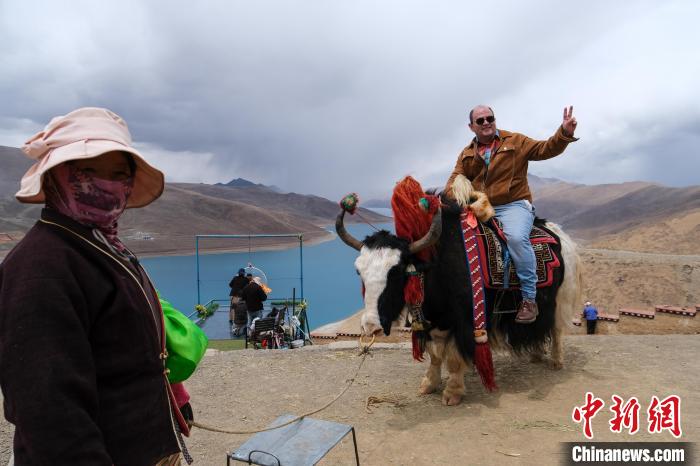 进藏参访嘉宾在羊湖观景台体验骑牦牛。　江飞波 摄