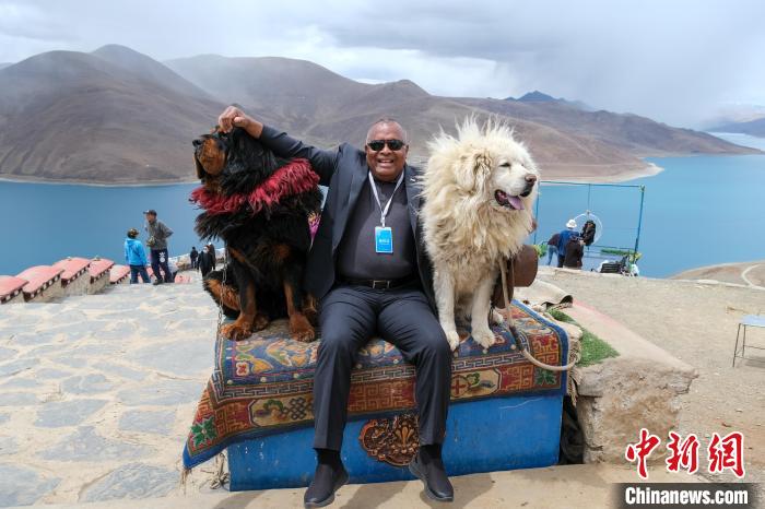 斐济驻华大使坦吉萨金鲍在羊湖观景台与藏獒合影。　江飞波 摄